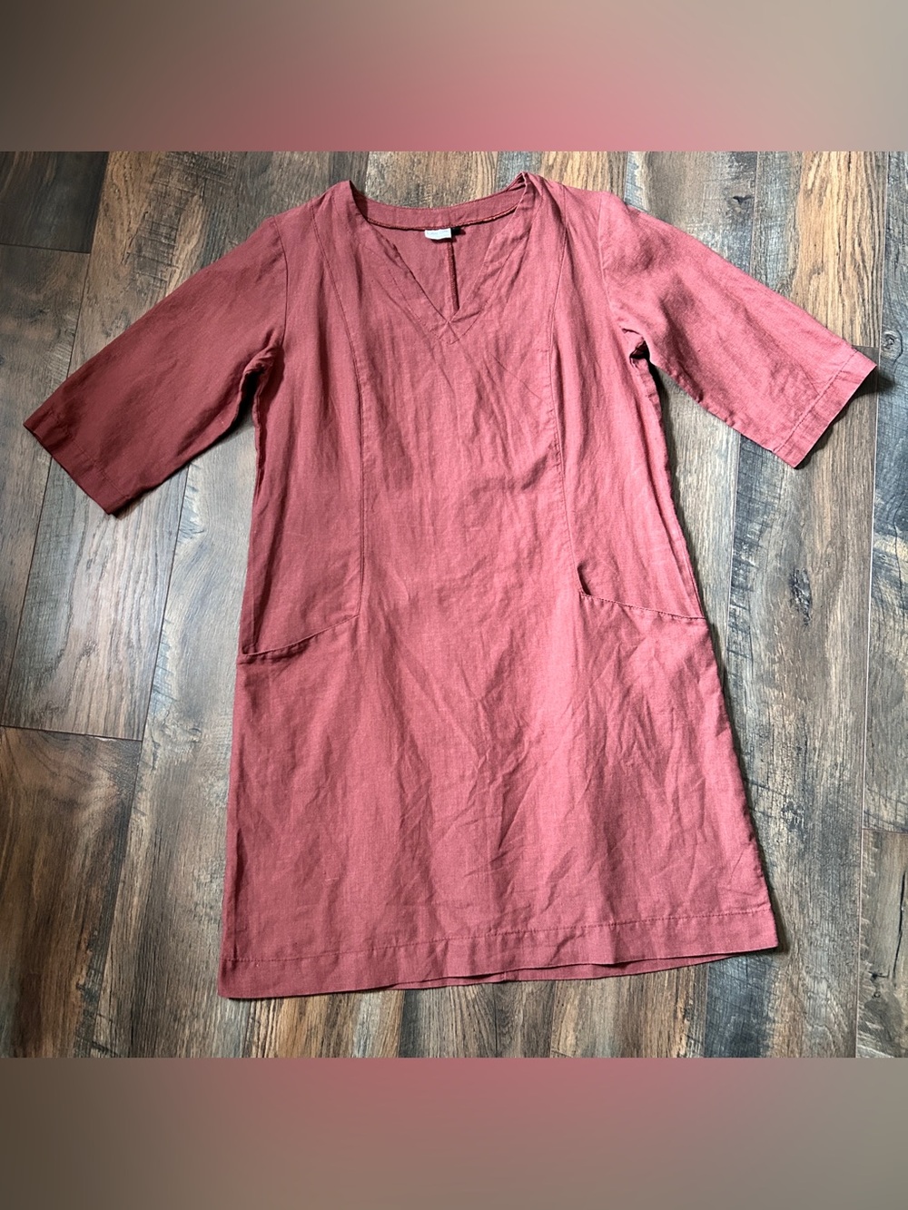 ~*~ Len OK Linen Split Neck Dress M Spice ~*~